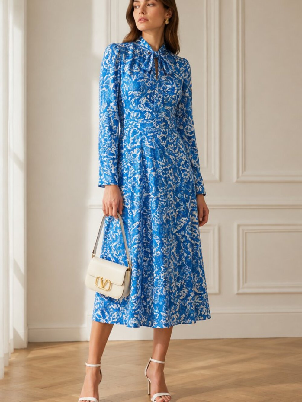 NWT - Valentino Garavani Tie-Neck Delft Print Silk Midi Dress Blue White, L